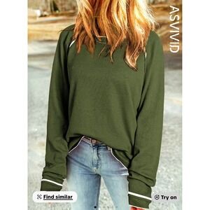 ASVIVID Women Olive Green Waffle Knit Long Sleeve Raglan Top Casual Comfort 2X #